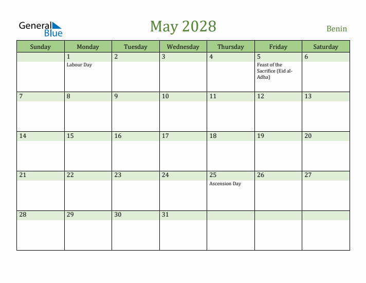 May 2028 Calendar with Benin Holidays