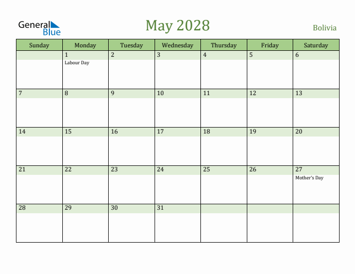 May 2028 Calendar with Bolivia Holidays