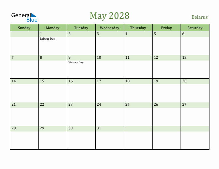 May 2028 Calendar with Belarus Holidays