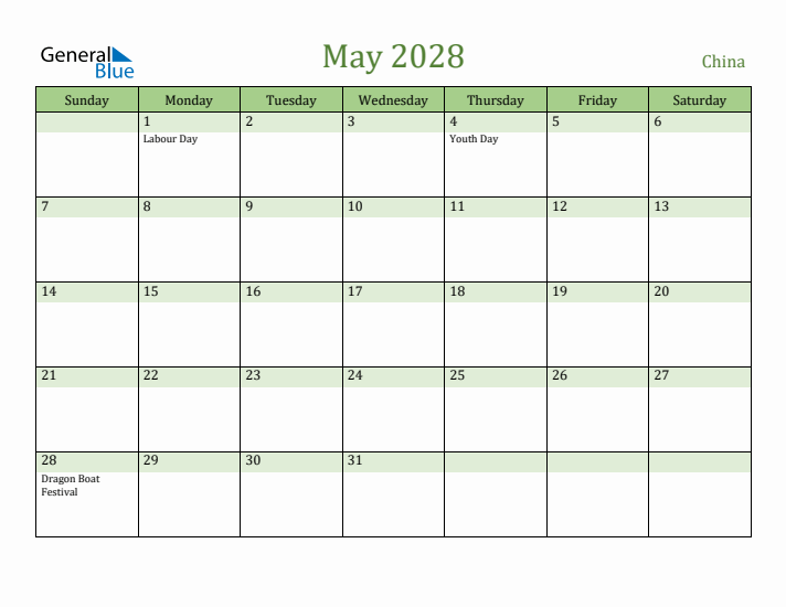 May 2028 Calendar with China Holidays