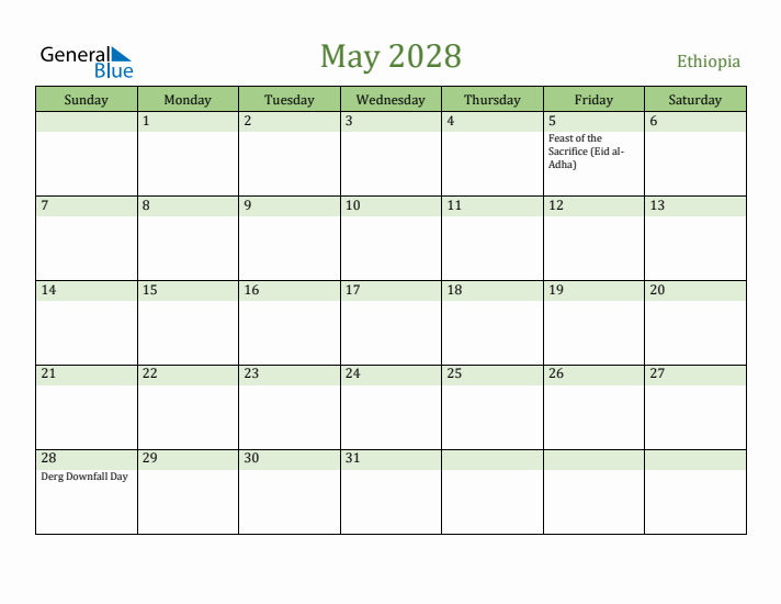 May 2028 Calendar with Ethiopia Holidays