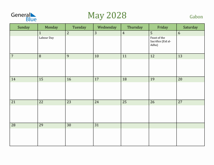 May 2028 Calendar with Gabon Holidays