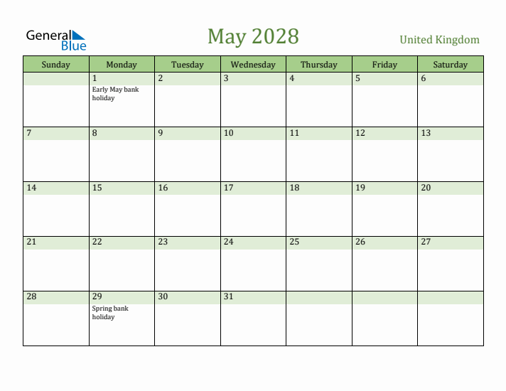 May 2028 Calendar with United Kingdom Holidays