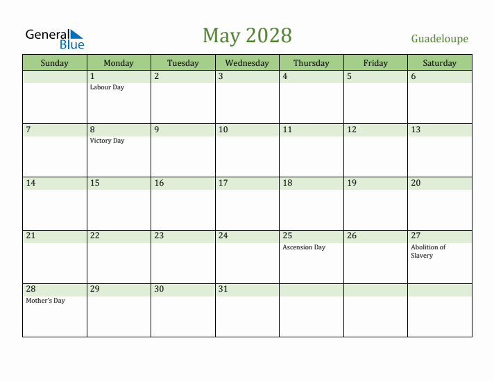 May 2028 Calendar with Guadeloupe Holidays