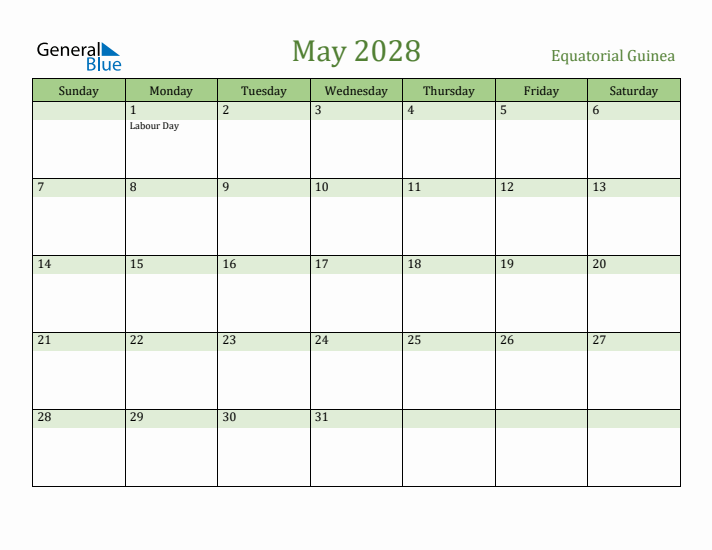 May 2028 Calendar with Equatorial Guinea Holidays