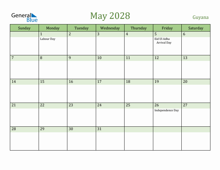 May 2028 Calendar with Guyana Holidays