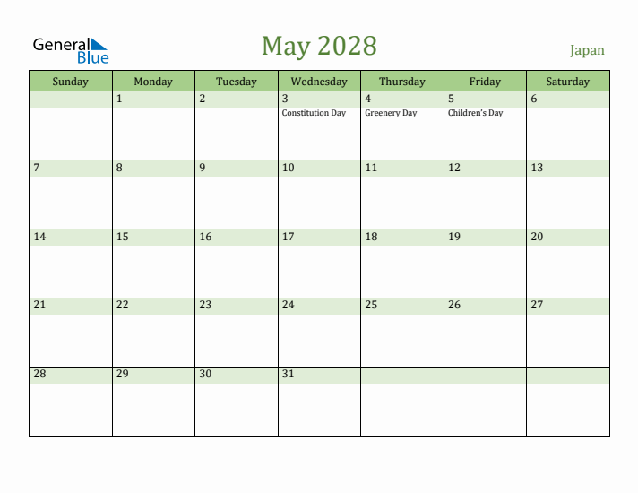 May 2028 Calendar with Japan Holidays