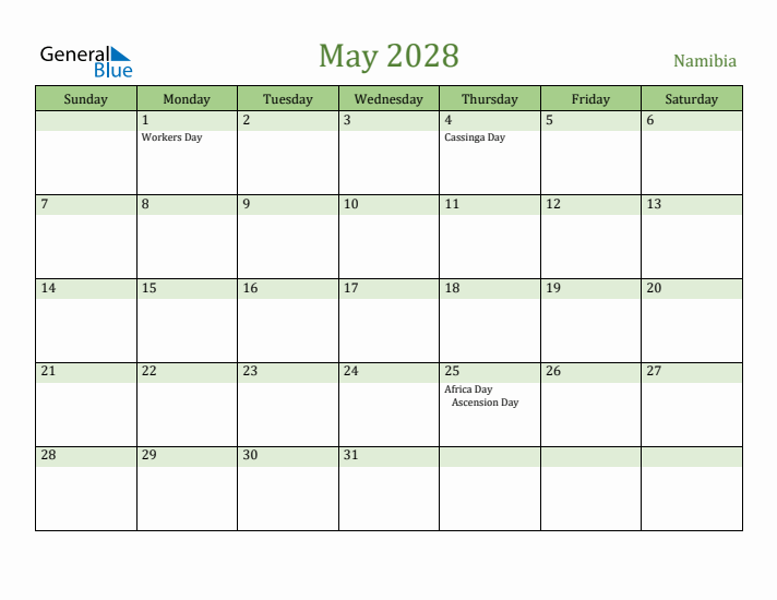 May 2028 Calendar with Namibia Holidays