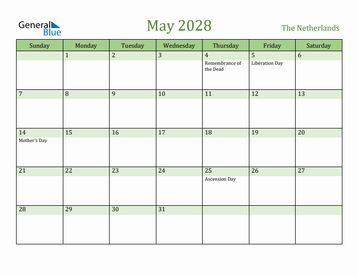 May 2028 Calendar with The Netherlands Holidays