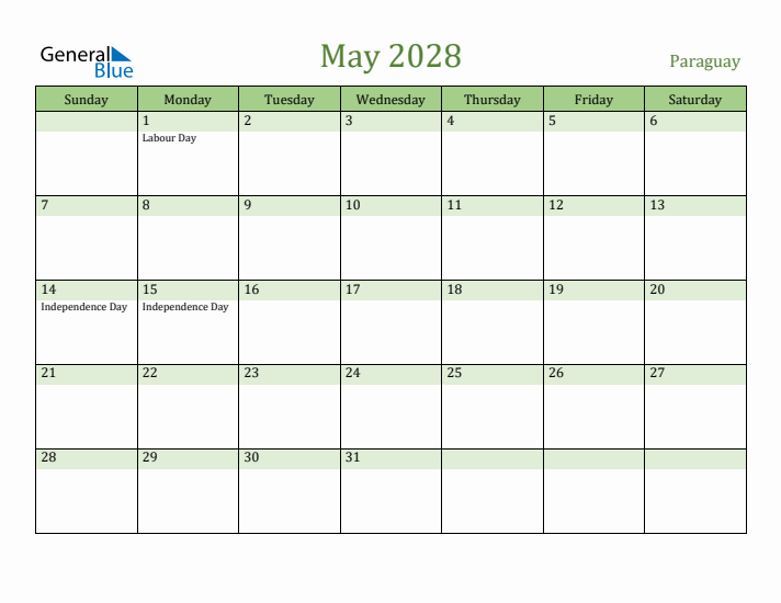 May 2028 Calendar with Paraguay Holidays