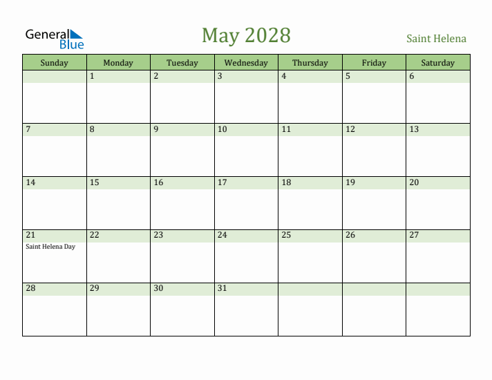 May 2028 Calendar with Saint Helena Holidays