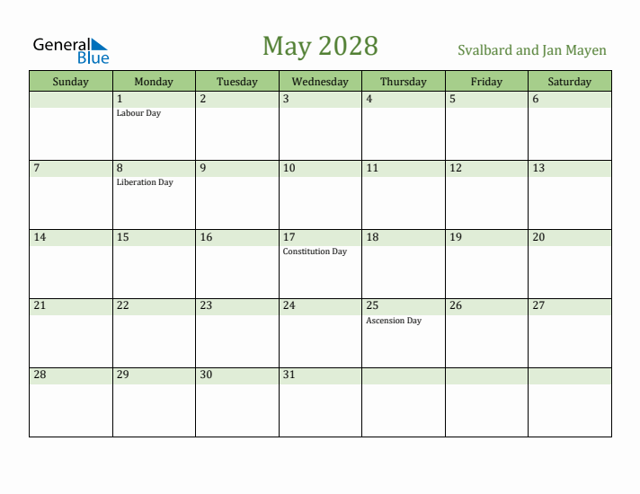 May 2028 Calendar with Svalbard and Jan Mayen Holidays