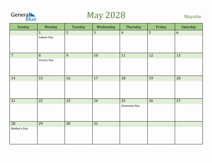 May 2028 Calendar with Mayotte Holidays