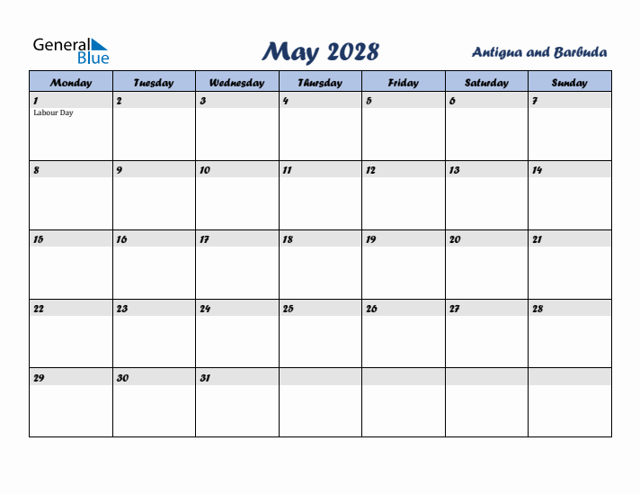 May 2028 Calendar with Holidays in Antigua and Barbuda