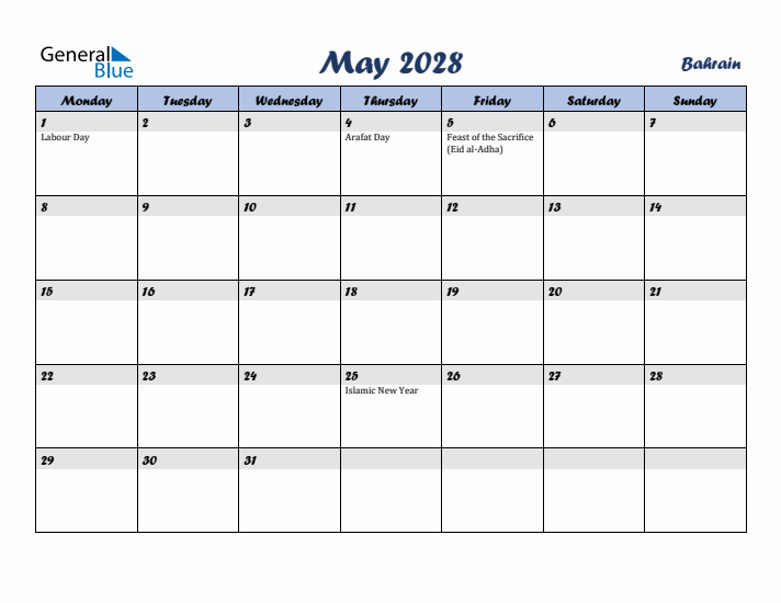 May 2028 Calendar with Holidays in Bahrain