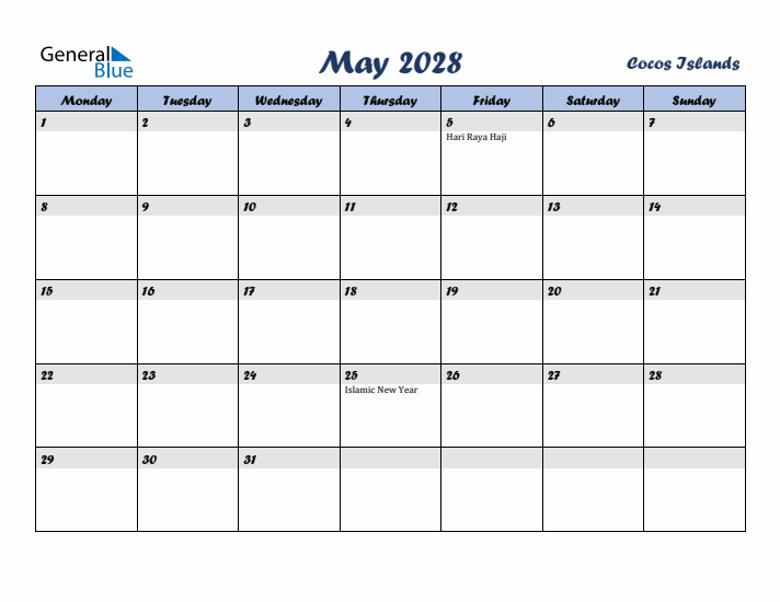 May 2028 Calendar with Holidays in Cocos Islands