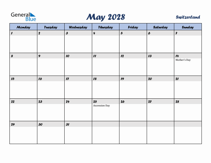 May 2028 Calendar with Holidays in Switzerland