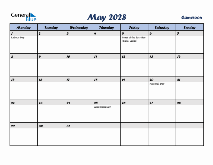 May 2028 Calendar with Holidays in Cameroon