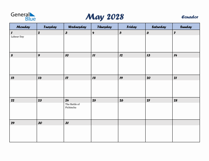 May 2028 Calendar with Holidays in Ecuador