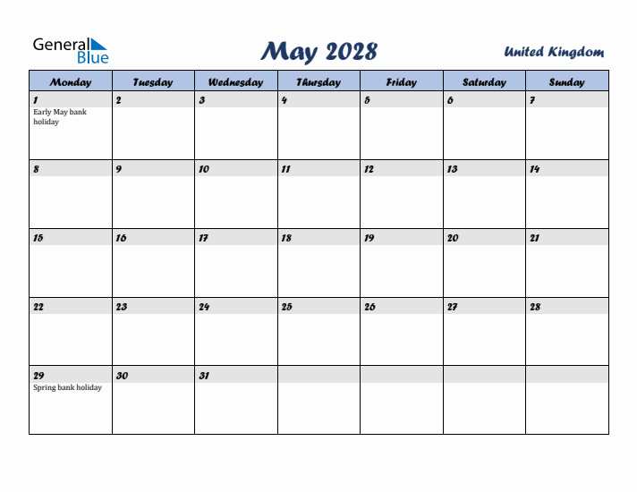 May 2028 Calendar with Holidays in United Kingdom