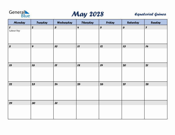 May 2028 Calendar with Holidays in Equatorial Guinea