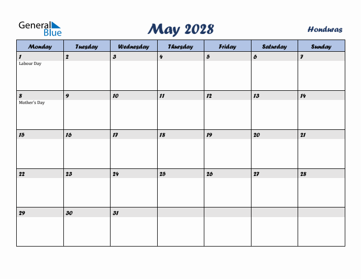 May 2028 Calendar with Holidays in Honduras