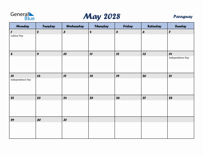 May 2028 Calendar with Holidays in Paraguay