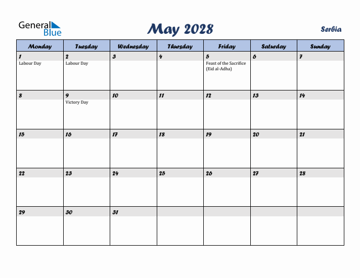 May 2028 Calendar with Holidays in Serbia