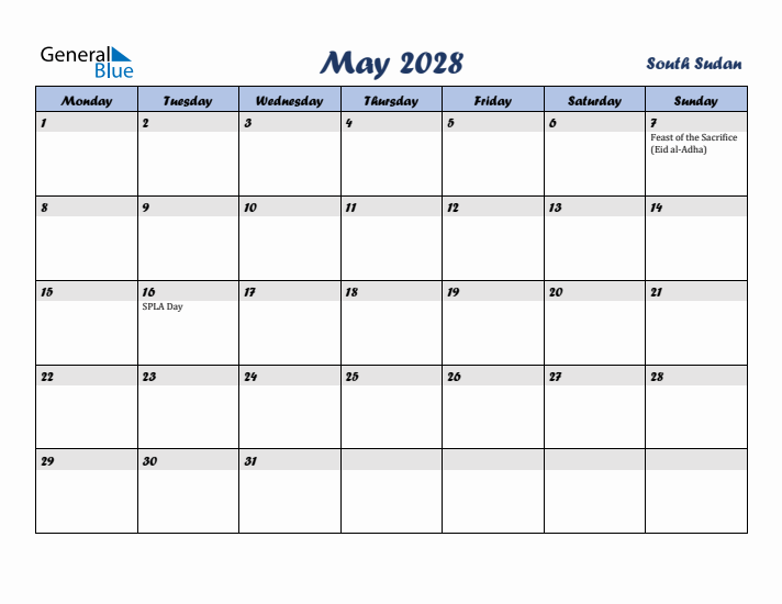 May 2028 Calendar with Holidays in South Sudan