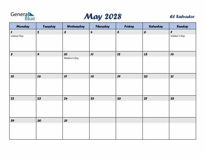 May 2028 Calendar with Holidays in El Salvador