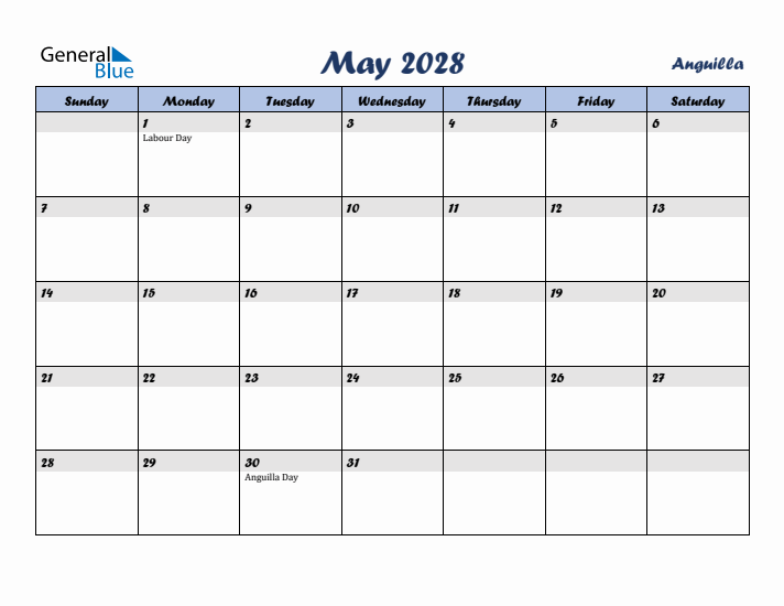 May 2028 Calendar with Holidays in Anguilla