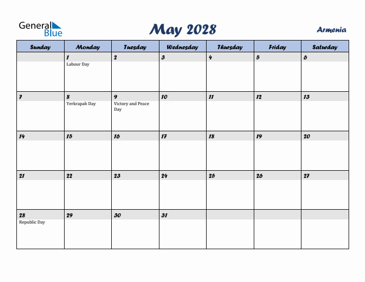 May 2028 Calendar with Holidays in Armenia