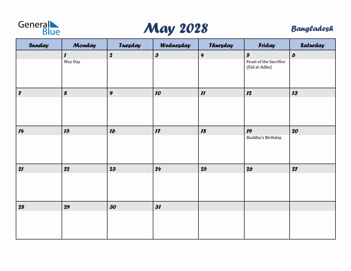 May 2028 Calendar with Holidays in Bangladesh