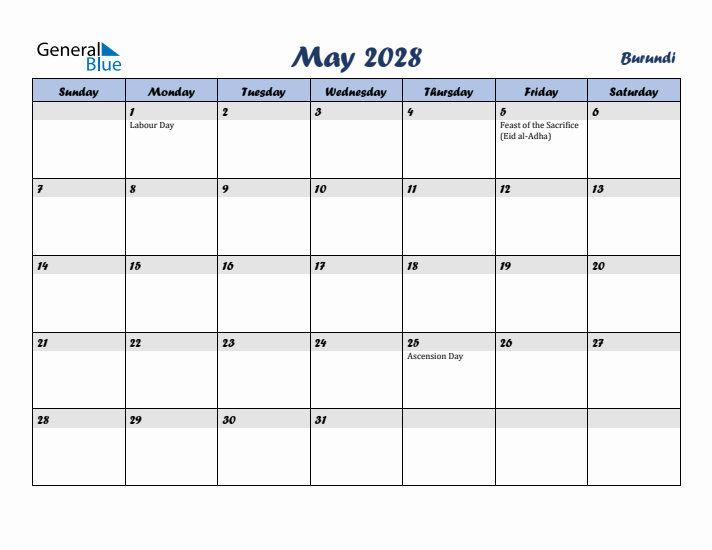 May 2028 Calendar with Holidays in Burundi