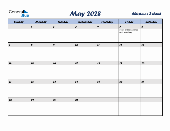 May 2028 Calendar with Holidays in Christmas Island