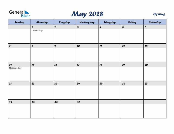 May 2028 Calendar with Holidays in Cyprus