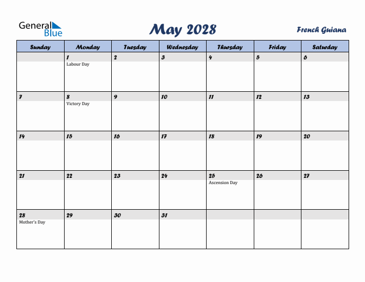 May 2028 Calendar with Holidays in French Guiana