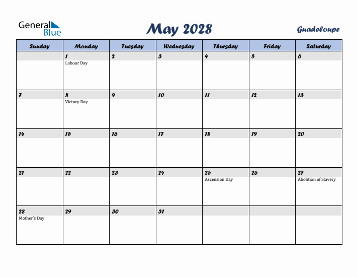 May 2028 Calendar with Holidays in Guadeloupe