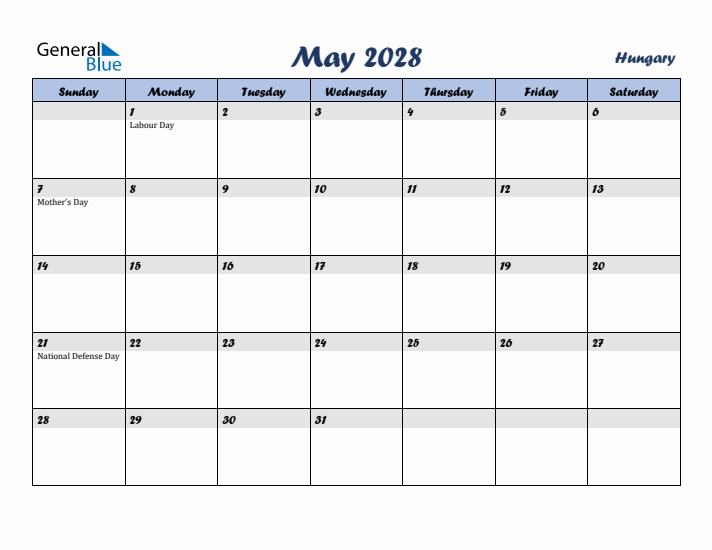 May 2028 Calendar with Holidays in Hungary