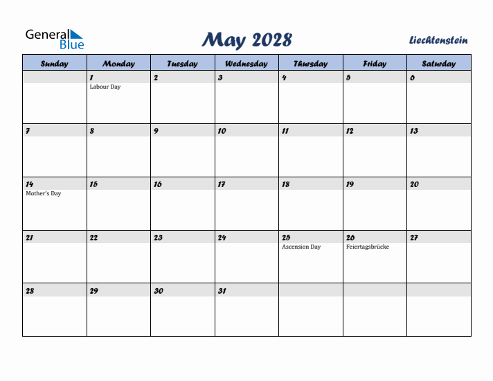 May 2028 Calendar with Holidays in Liechtenstein