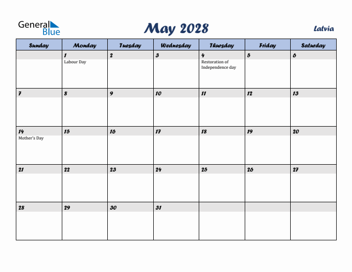 May 2028 Calendar with Holidays in Latvia