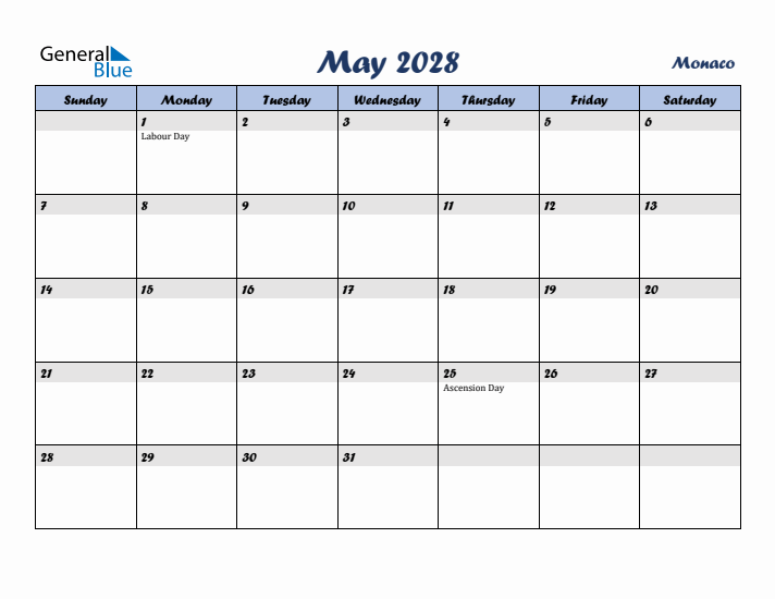 May 2028 Calendar with Holidays in Monaco