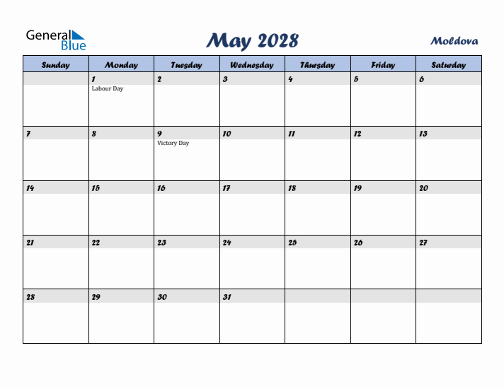 May 2028 Calendar with Holidays in Moldova