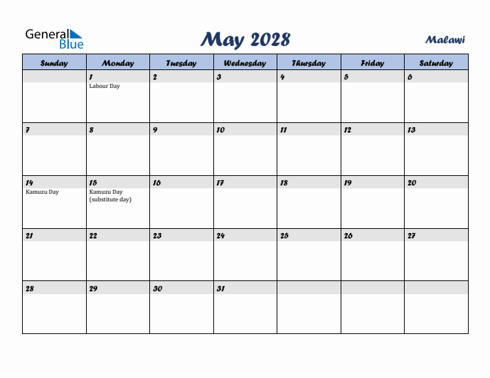 May 2028 Calendar with Holidays in Malawi