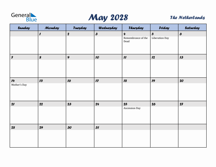 May 2028 Calendar with Holidays in The Netherlands