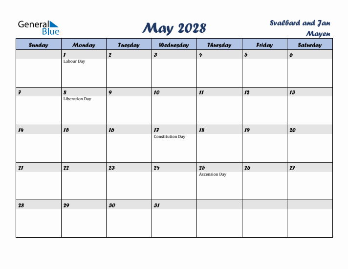 May 2028 Calendar with Holidays in Svalbard and Jan Mayen