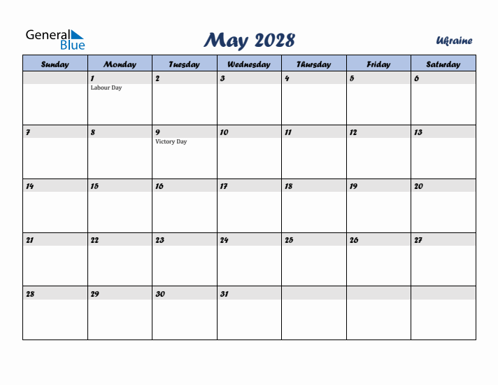 May 2028 Calendar with Holidays in Ukraine