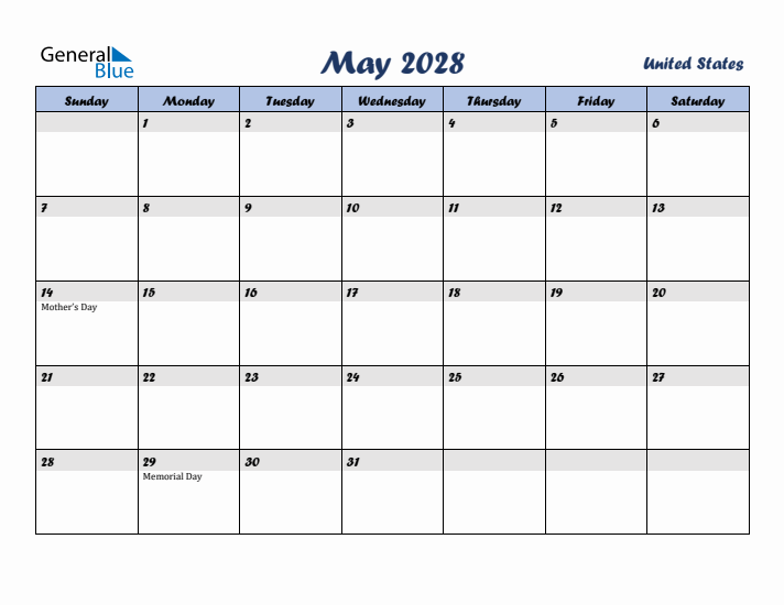 May 2028 Calendar with Holidays in United States