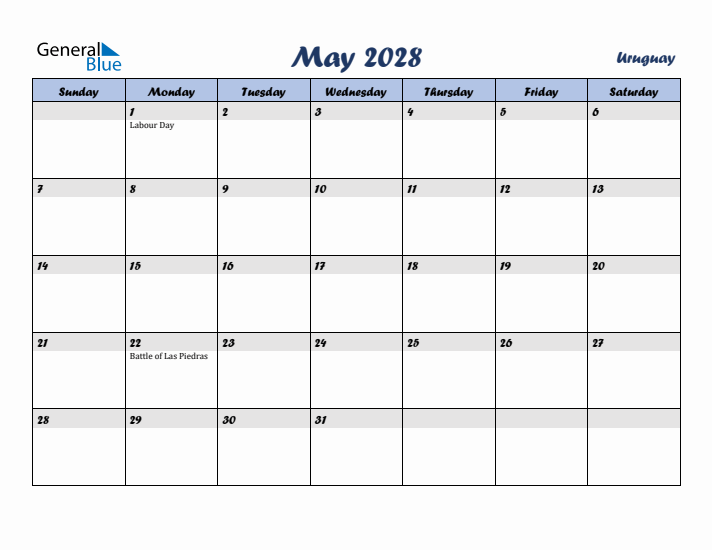 May 2028 Calendar with Holidays in Uruguay