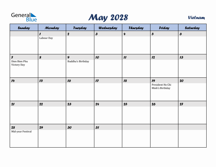 May 2028 Calendar with Holidays in Vietnam